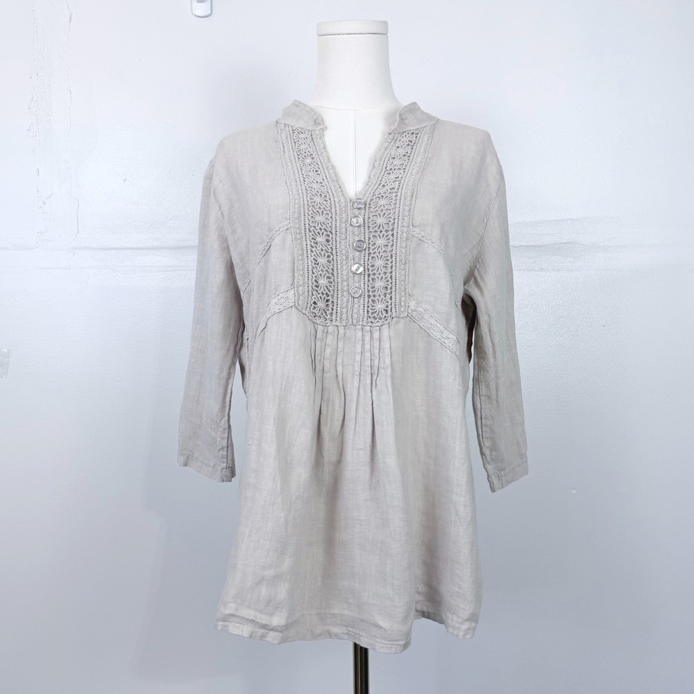 Lungo L'Arno Italy Linen Tunic Neutral Top Beige Crochet Lace Embroidered M